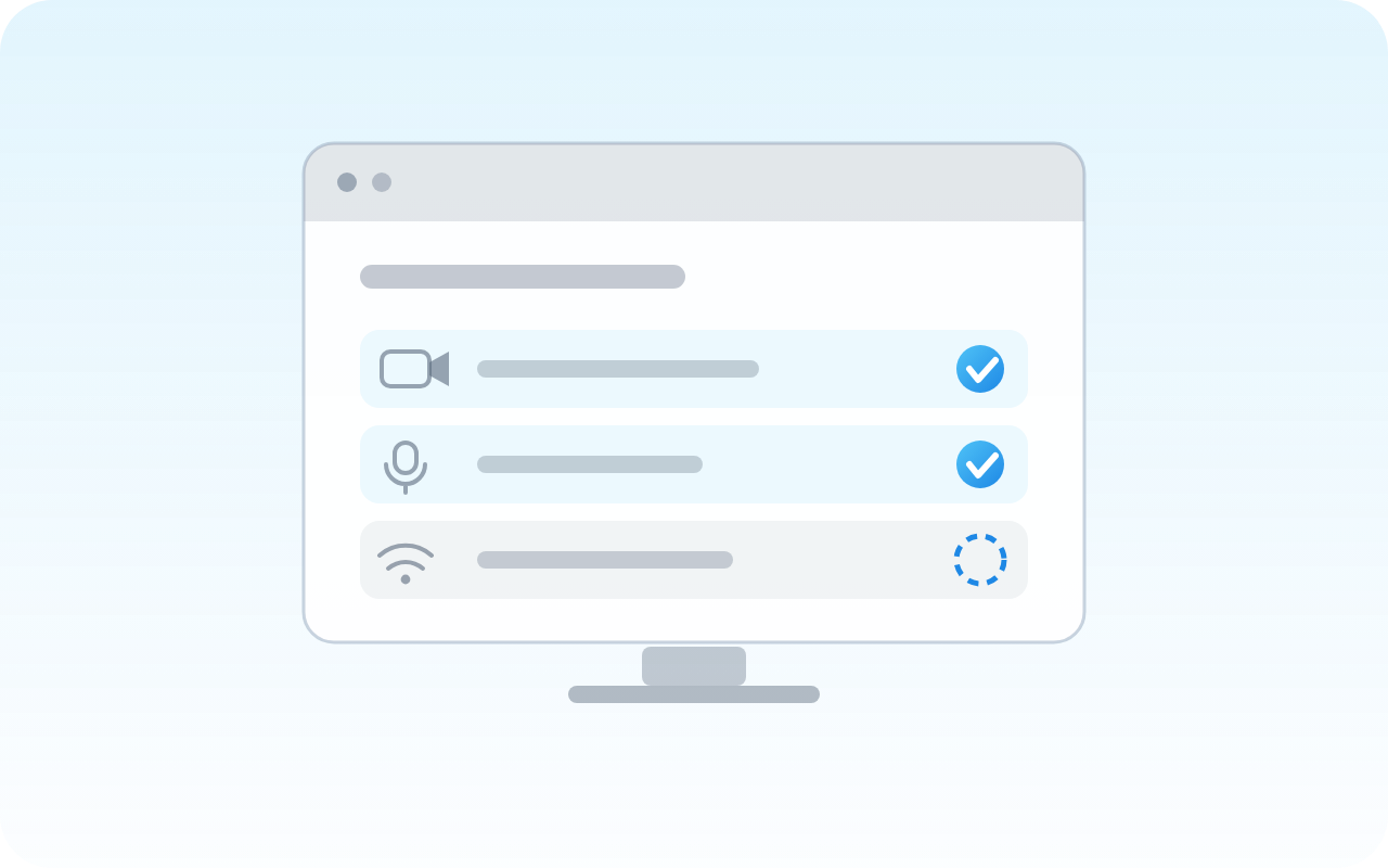 Illustration : la liste de vérification du poste — caméra et micro validés, connexion en cours de test