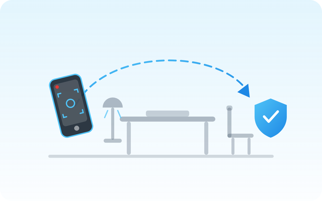 Illustration : un téléphone filme un arc de balayage autour du lieu d'examen, conclu par un sceau de vérification