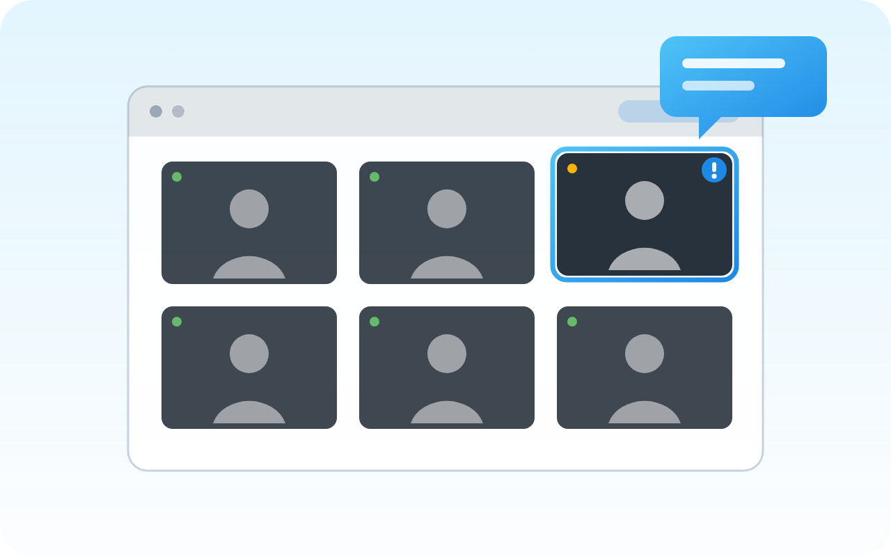 Illustration : la mosaïque des candidats vue par le surveillant, un poste signalé et un message de clavardage
