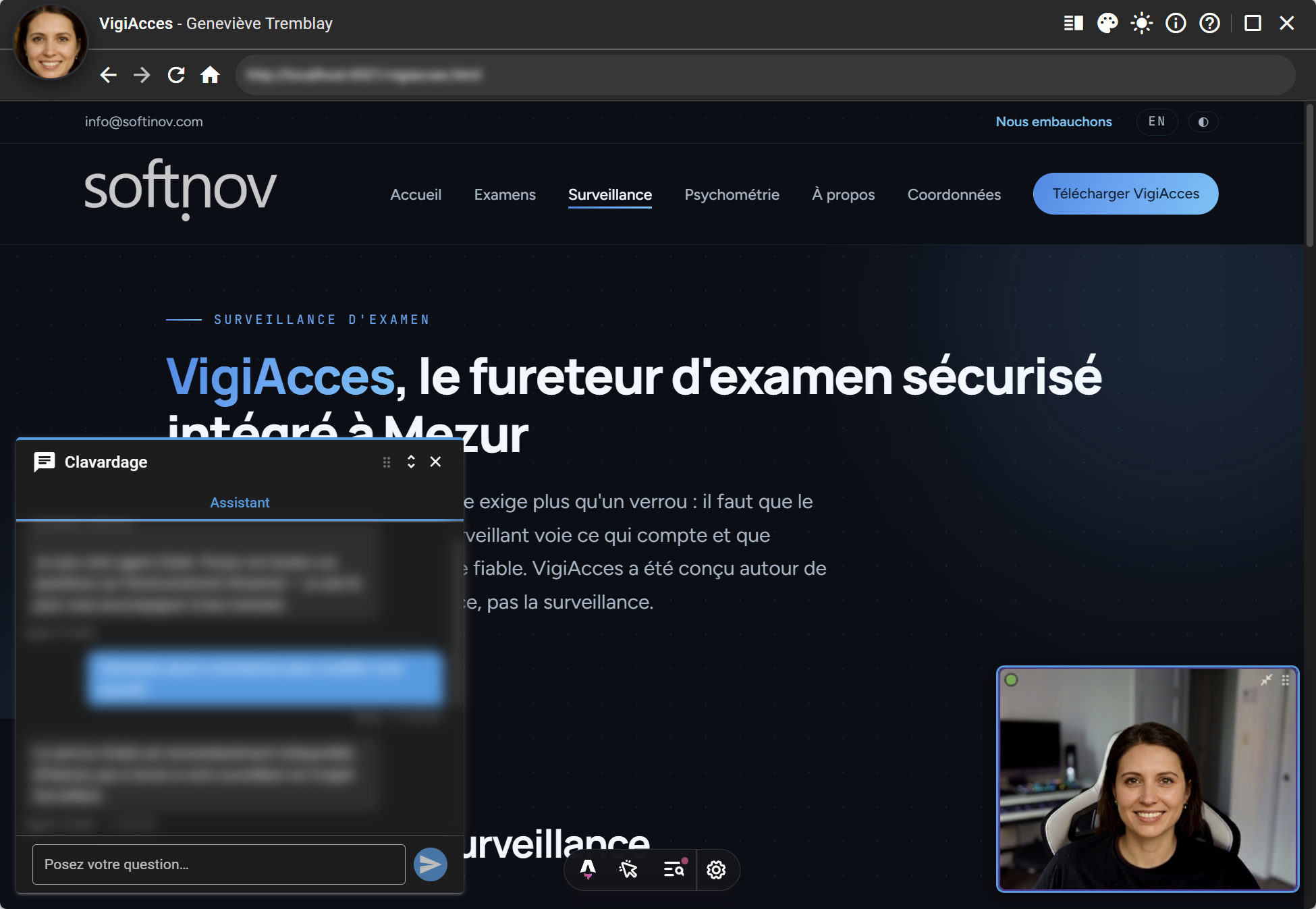 L'application VigiAcces en séance d'examen (mode sombre) : clavardage avec l'agent d'aide, contenu d'épreuve et webcam du candidat