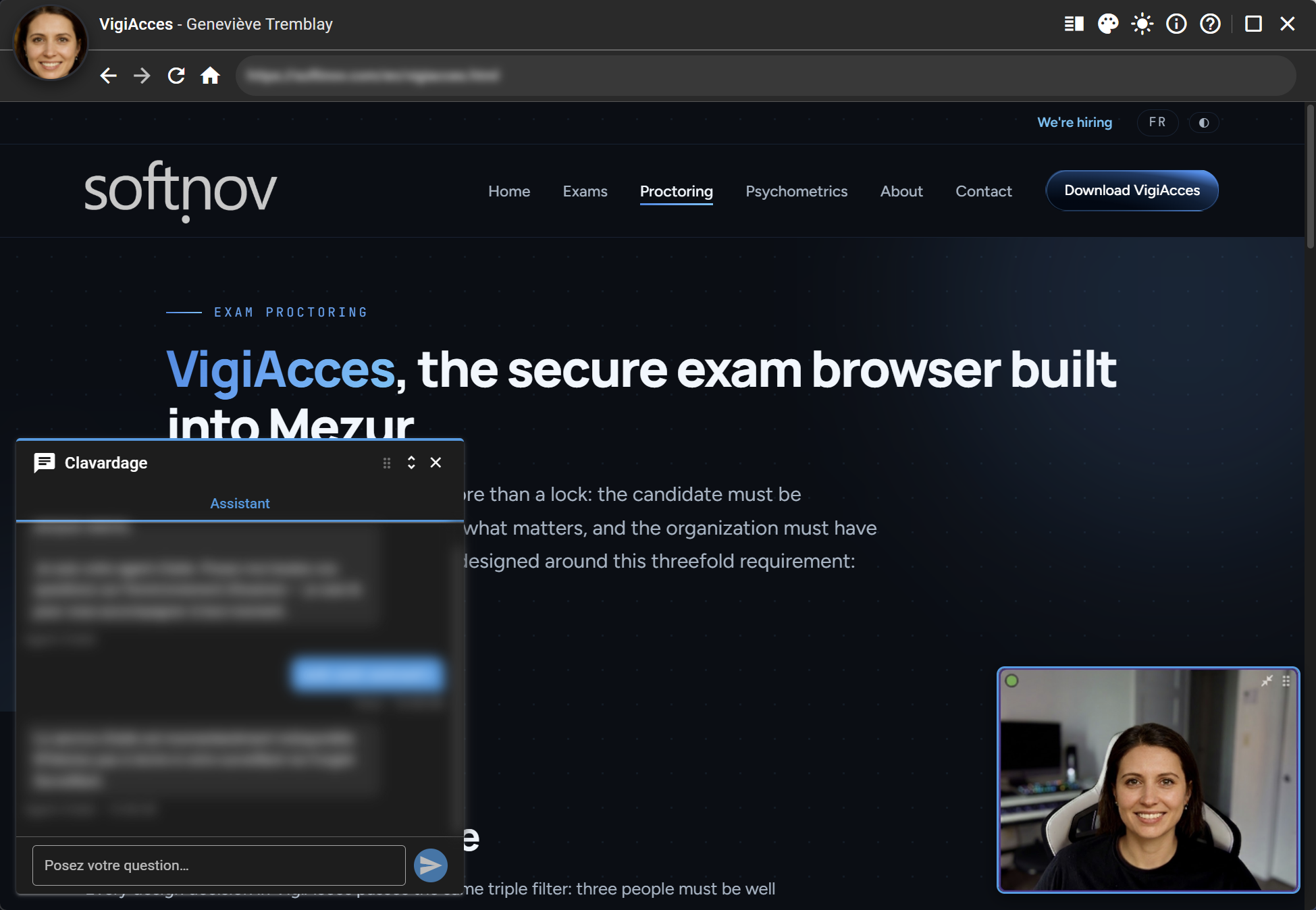 The VigiAcces application during an exam session (dark mode): chat with the help agent, exam content and the candidate's webcam