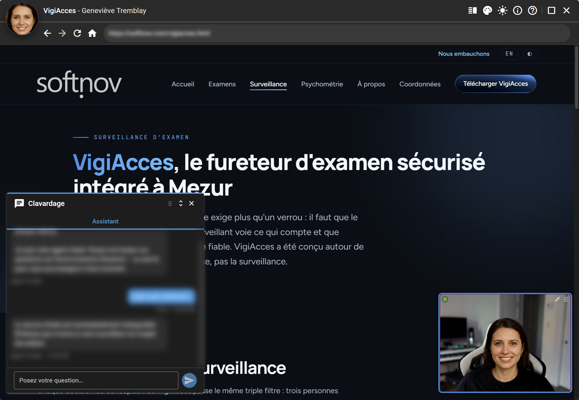 L'application VigiAcces en séance d'examen (mode sombre) : clavardage avec l'agent d'aide, contenu d'épreuve et webcam du candidat