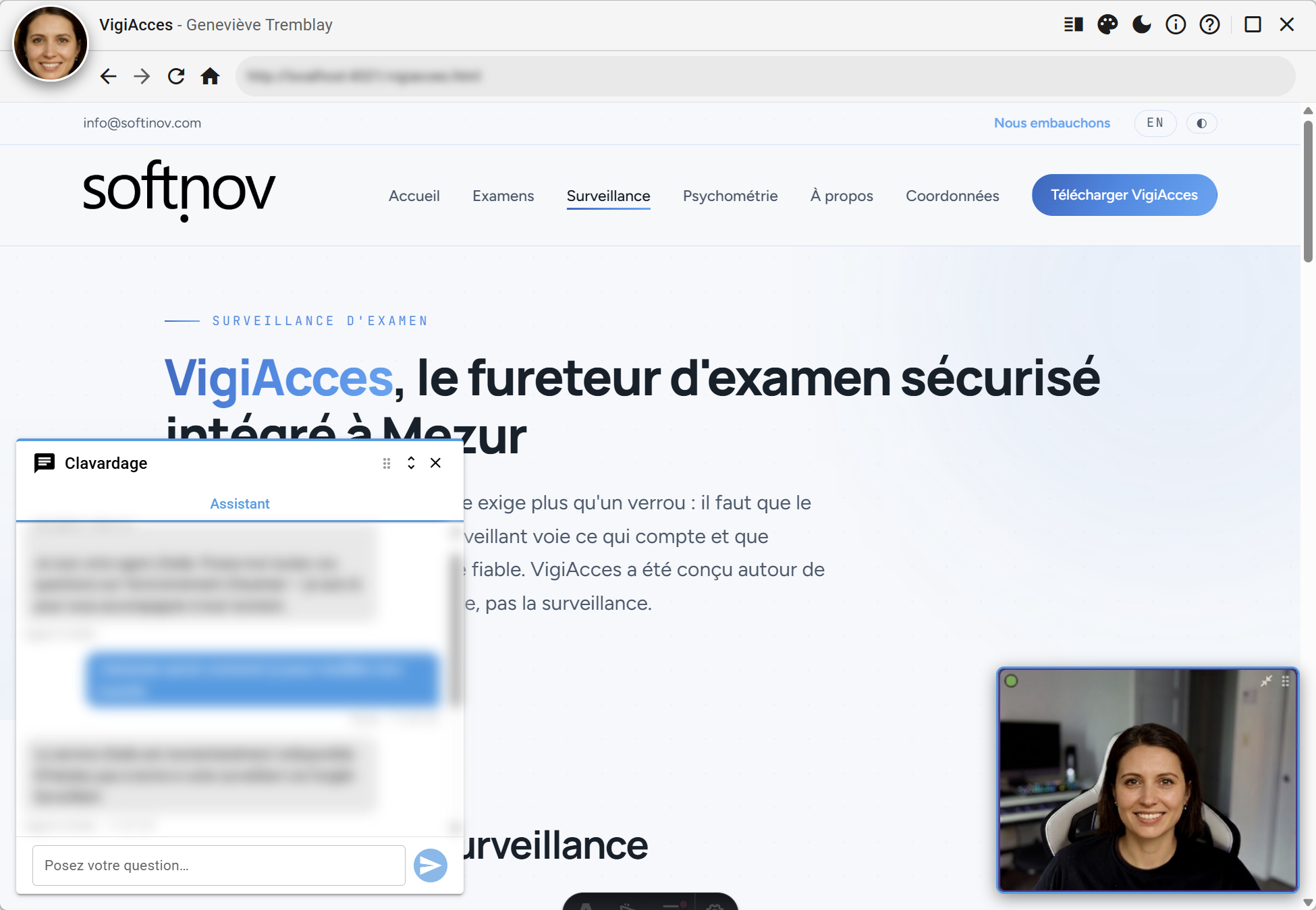 L'application VigiAcces en séance d'examen (mode clair) : clavardage avec l'agent d'aide, contenu d'épreuve et webcam du candidat