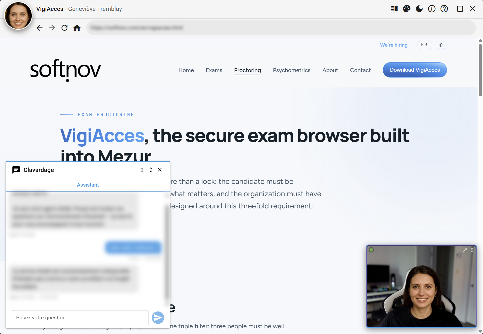 The VigiAcces application during an exam session (light mode): chat with the help agent, exam content and the candidate's webcam