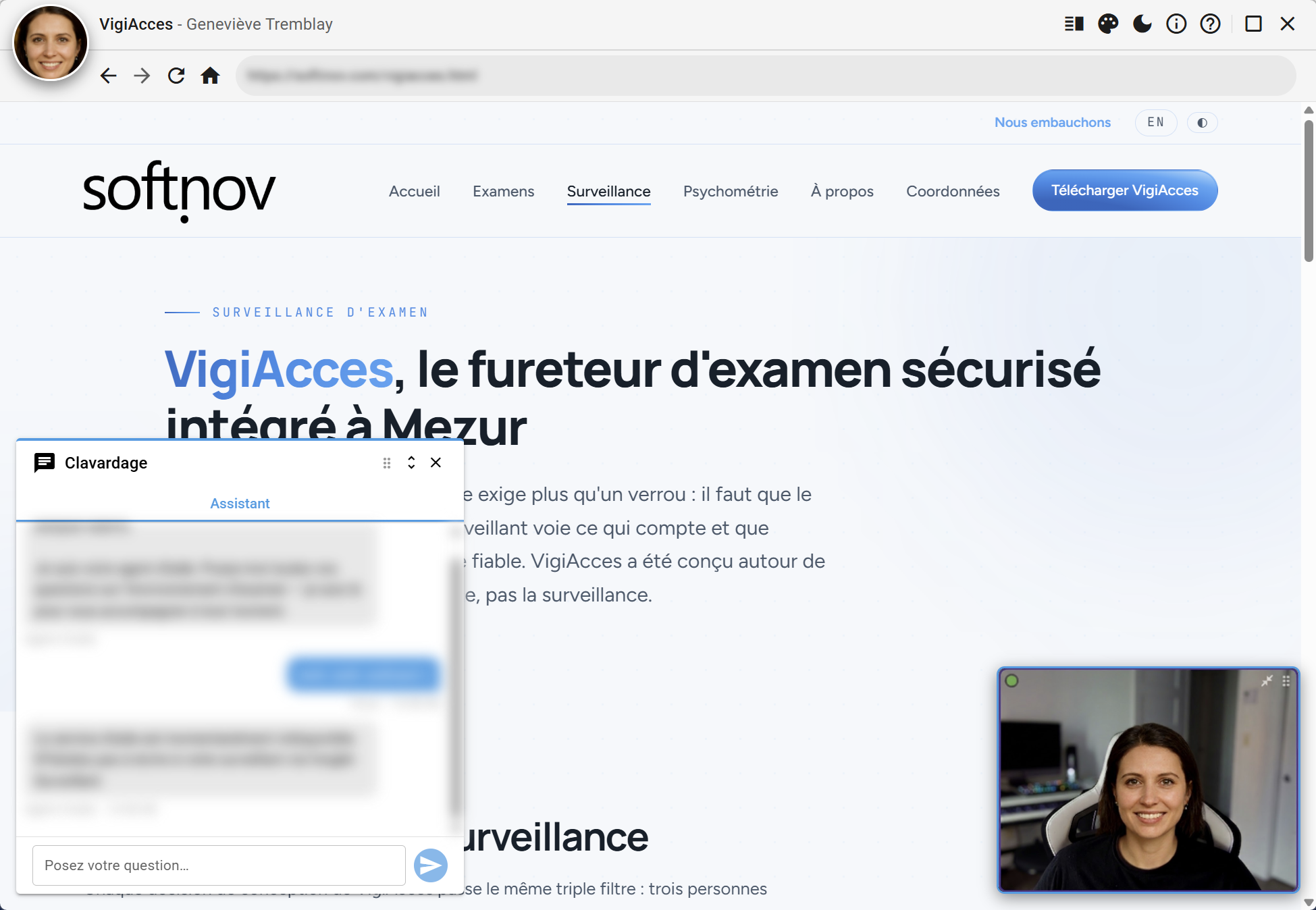 L'application VigiAcces en séance d'examen (mode clair) : clavardage avec l'agent d'aide, contenu d'épreuve et webcam du candidat